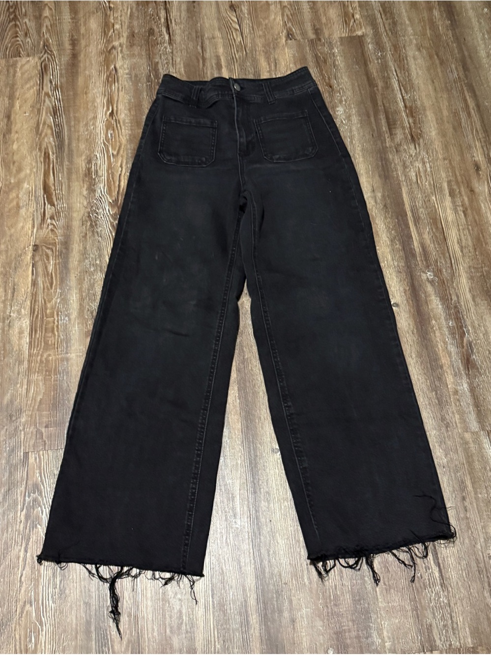 Oat High Rise Wide Leg Jeans Women's 2/26 Patch Pocket Frayed Hem in Black Wash